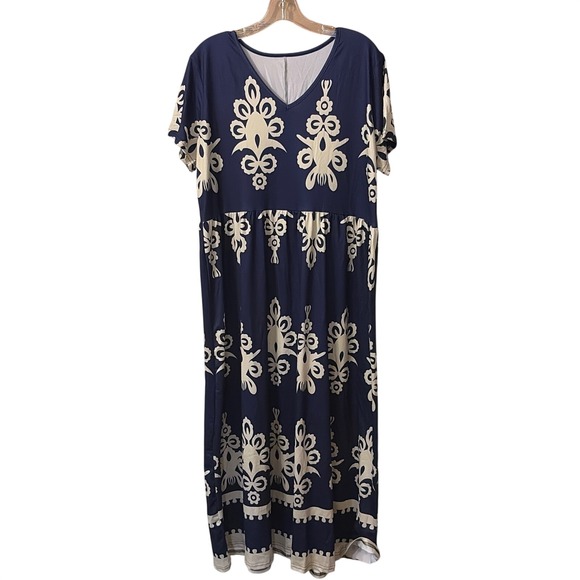 Unbranded Dresses & Skirts - Navy Blue Cream Damask Print V-Neck Empire Waist Maxi Dress Plus Size 1XL